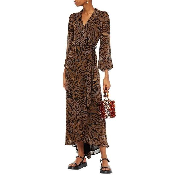 Ganni Georgette Wrap Dress Animal Print Size Size 36 US 4 Midi Maxi Hi Low - Picture 1 of 8
